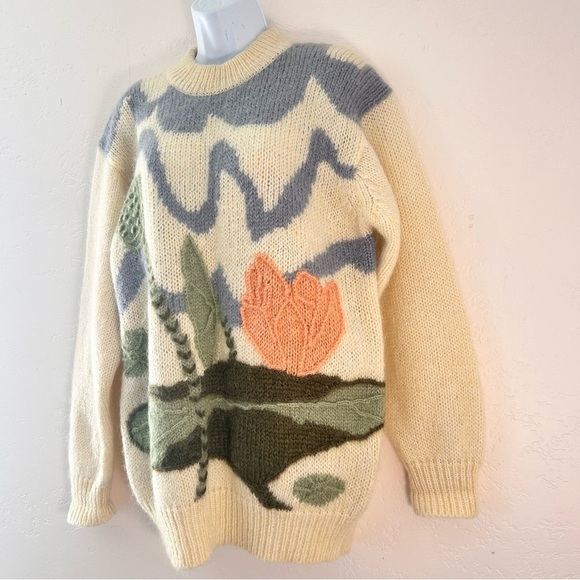 YEO’S Vtg 80s Hand-knit Wool Mohair Sweater Abstract 3D Knit Waterlily Print XL - Picture 5 of 11